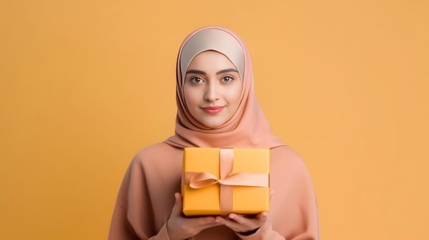 Una giovane donna in hijab con in mano una confezione regalo