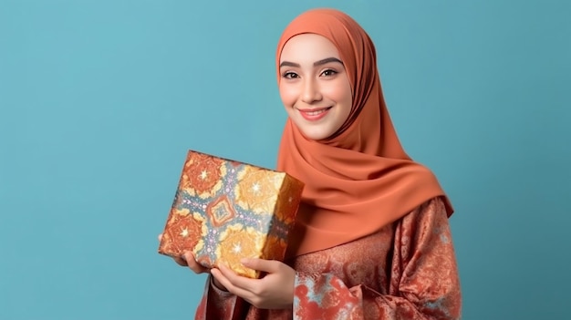 Una giovane donna in hijab con in mano una confezione regalo