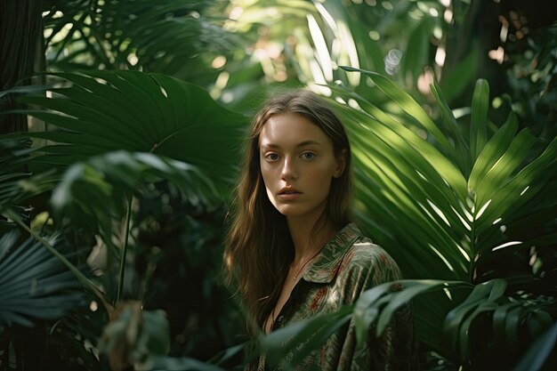 Una giovane donna in piedi in una foresta di palme