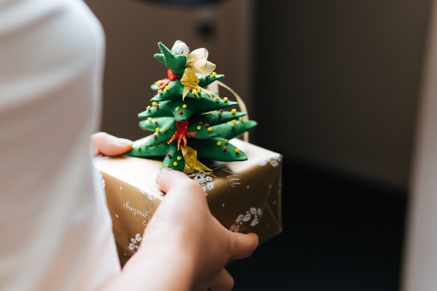 Una giovane donna in possesso di un regalo di Natale in mano.