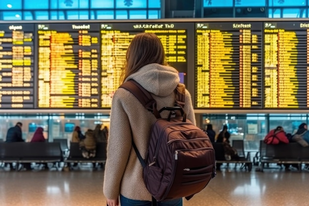 Una giovane donna in un aeroporto internazionale guarda il pannello delle informazioni sul volo. L'intelligenza artificiale generativa