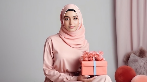 Una giovane donna in un hijab tiene in mano una confezione regalo