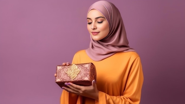 Una giovane donna in un hijab tiene in mano una confezione regalo