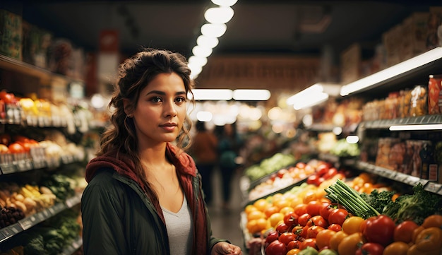 Una giovane donna in un negozio di alimentari sta al bancone con verdure fresche