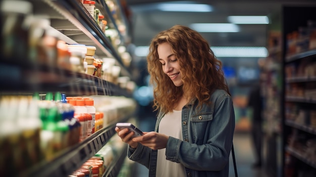 Una giovane donna in un supermercato AI generativa