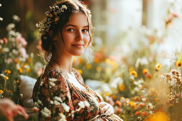 Una giovane donna incinta sullo sfondo di bellissimi fiori colorati