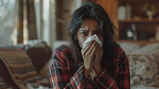 Una giovane donna indiana infelice e triste in abito a quadri che soffre di febbre e influenza su un divano che starnutisce in un tovagliolo il trattamento della malattia Covid-19 freddo e secco spazio di copia sul divano