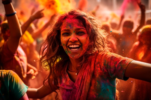 Una giovane donna indiana sorridente che celebra il festival di Holi coperta di vernici a polvere colorate