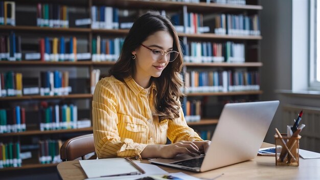 Una giovane donna intelligente e carina che lavora con un portatile sul tavolo della biblioteca.