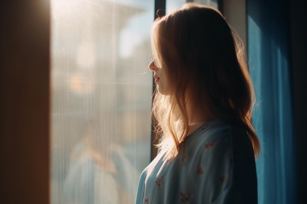 Una giovane donna irriconoscibile si trova vicino alla finestra in una giornata di sole