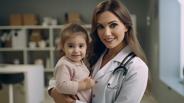 Una giovane donna medico tiene una bambina tra le braccia una visita a un pediatra in ospedale curato con la tecnologia Generative AI