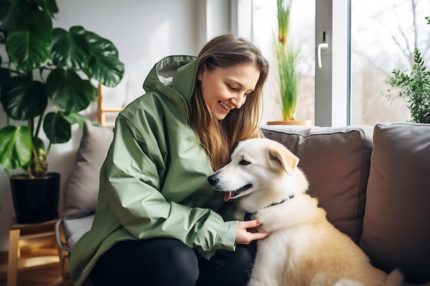 Una giovane donna mette un collare al suo cane prima di andare a fare una passeggiata Foto orizzontale