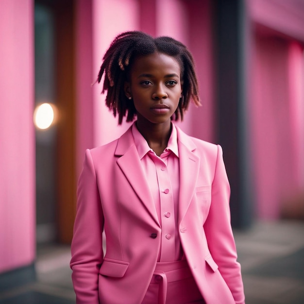 Una giovane donna nera africana in abito rosa con sfondo rosa