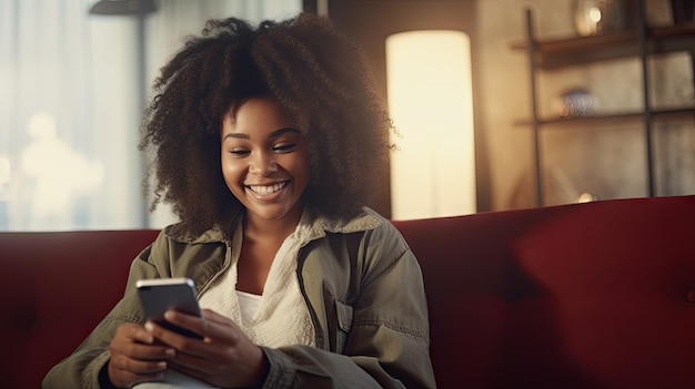 Una giovane donna nera sorride mentre usa il suo telefono i suoi occhi concentrati sullo schermo