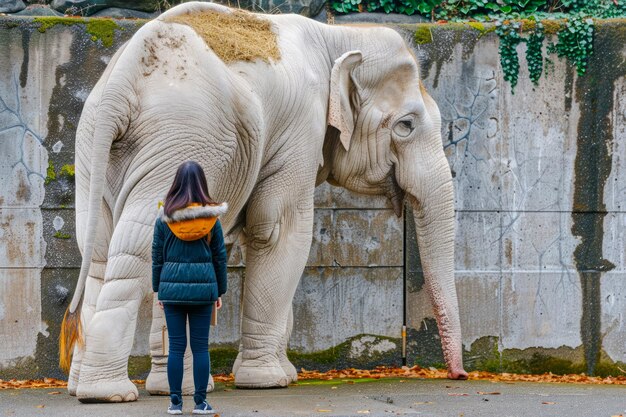 Una giovane donna osserva un maestoso elefante in un tranquillo santuario della fauna selvatica