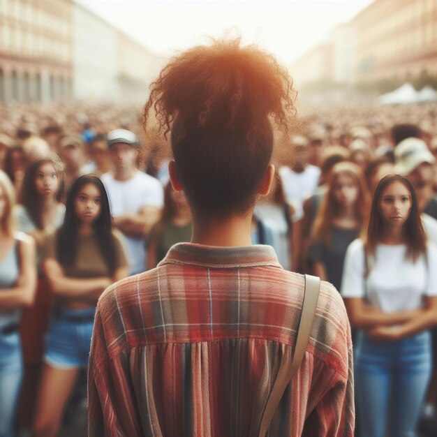 Una giovane donna parla davanti a una folla di persone che l'ascoltano