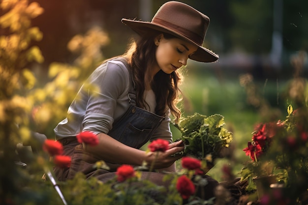 Una giovane donna pianta fiori ed erbe nel giardino