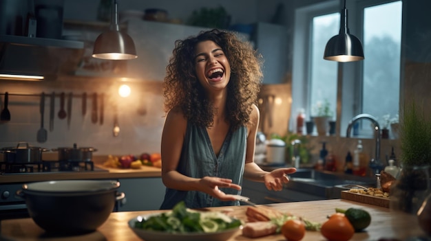 Una giovane donna ride mentre cucina in cucina.