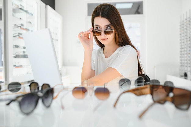 Una giovane donna sceglie gli occhiali da sole in un negozio di ottica