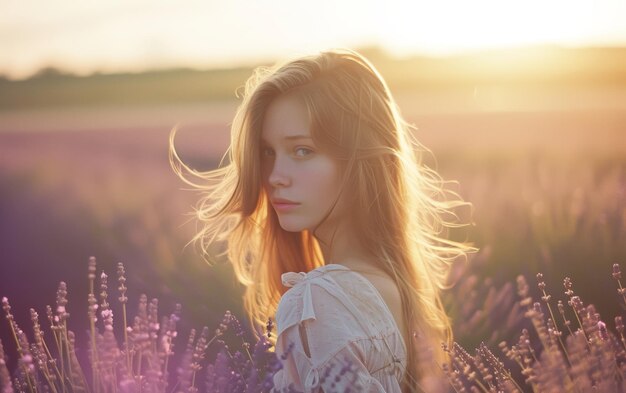 Una giovane donna serena in un campo di lavanda al tramonto che incarna la tranquillità e la bellezza naturale