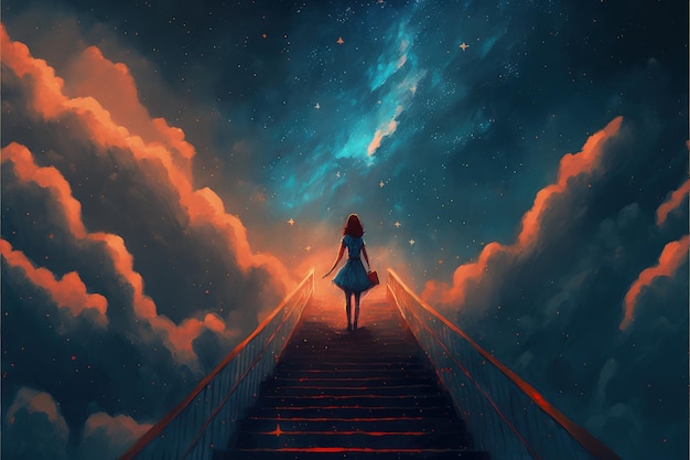 Una giovane donna si erge su gradini mistici desiderando un minuscolo corpo celeste sopra Concetto di fantasia Pittura illustrativa IA generativa
