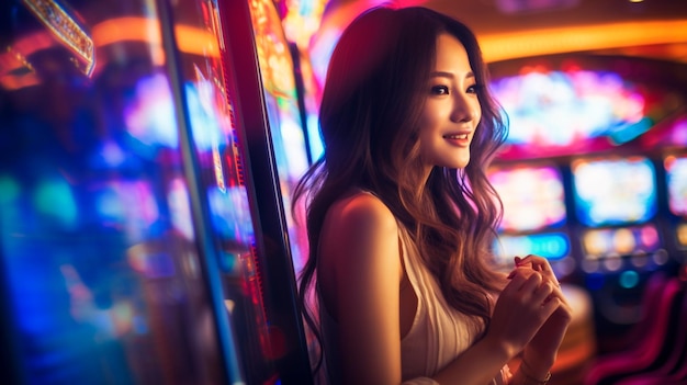 una giovane donna si siede davanti alle macchine nel casinò Generative AI