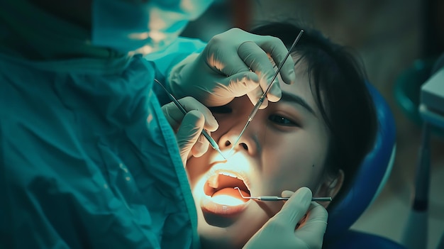 Una giovane donna si siede su una sedia da dentista con la bocca aperta mentre il dentista le esamina i denti