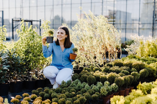 Una giovane donna si siede vicino a un'aiuola sulla strada vicino a un negozio di piante e sceglie un vaso con un piccolo albero Una donna sceglie le piante per abbellire il cortile Concetto di giardinaggio domestico