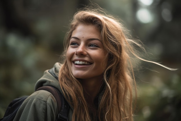 Una giovane donna sorridente all'aperto creata con l'intelligenza artificiale generativa