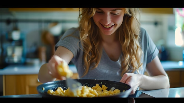 Una giovane donna sorridente che cucina la pasta in cucina casuale scena di stile di vita catturata in luce calda autentica esperienza di cucina casalinga AI