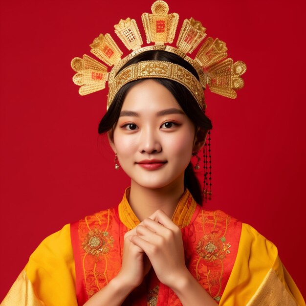una giovane donna sorridente che indossa abiti da regina di fronte allo sfondo rosso