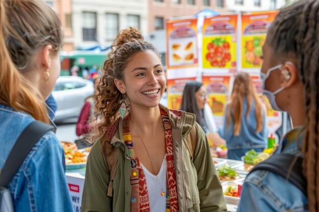 Una giovane donna sorridente che si diverte a conversare con gli amici al vivace mercato alimentare di strada di Urban