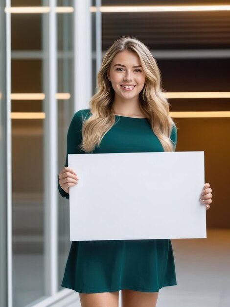 Una giovane donna sorridente che tiene in mano un bianco vuoto