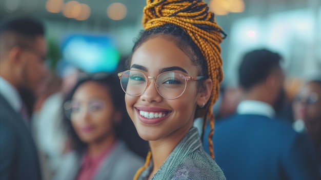 Una giovane donna sorridente con i capelli intrecciati ad un evento al chiuso