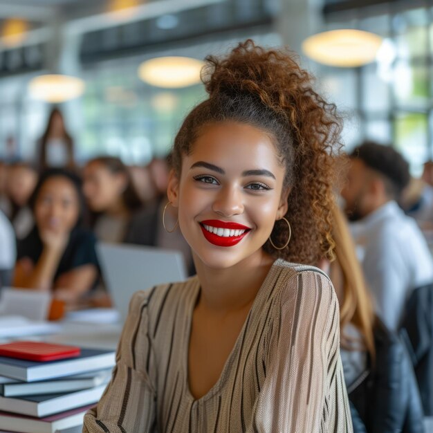 Una giovane donna sorridente con i capelli ricci e il rossetto rosso in una classe