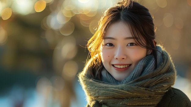 Una giovane donna sorridente con un cappotto azzurro si diverte in una soleggiata giornata invernale