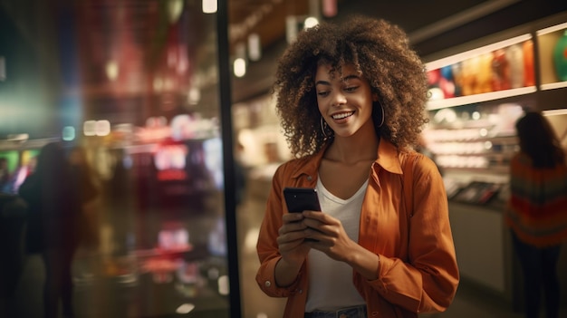 Una giovane donna sorridente con uno smartphone che fa la spesa al supermercato