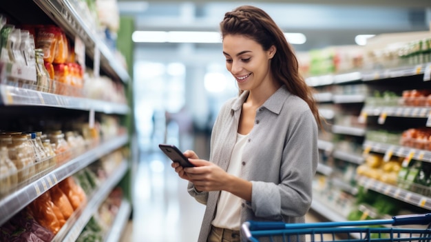 Una giovane donna sorridente con uno smartphone che fa la spesa al supermercato