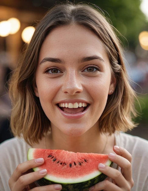 Una giovane donna sorridente e carina si delizia del sapore rinfrescante dell'anguria Un momento gioioso