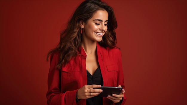 Una giovane donna sorridente felice sta usando il suo telefono su uno sfondo colorato.
