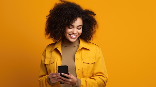 Una giovane donna sorridente felice sta usando il suo telefono su uno sfondo colorato