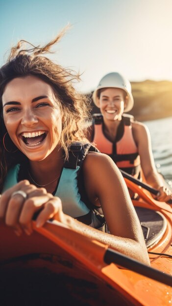 Una giovane donna sorridente in kayak su un lago una giovane donna felice in canoa su un lago in un giorno d'estate due sorrisi