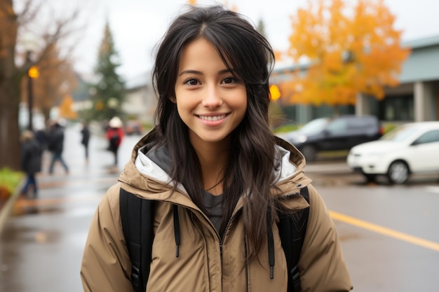 una giovane donna sorridente in un cappotto in una giornata piovosa