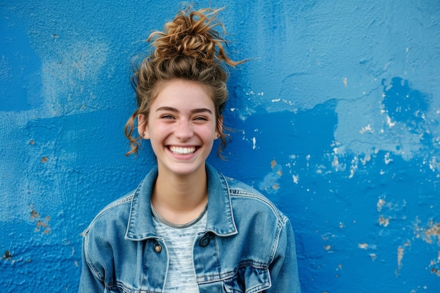 Una giovane donna sorridente in una giacca di denim in piedi davanti a un muro blu