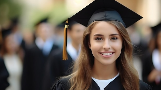 Una giovane donna sorridente laureata sullo sfondo dell'università