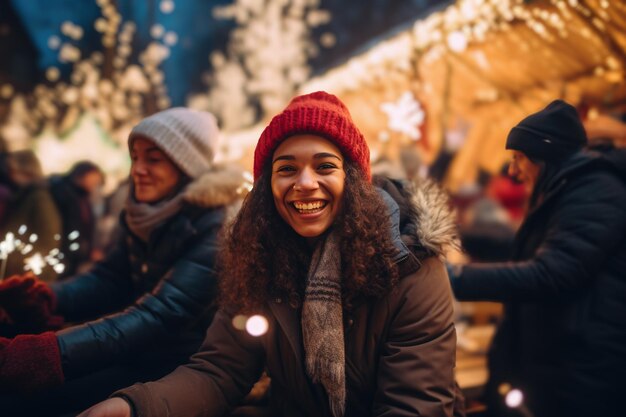 Una giovane donna sorridente si diverte in un mercato natalizio luci natalizie intorno a cibo e bevande deliziosi