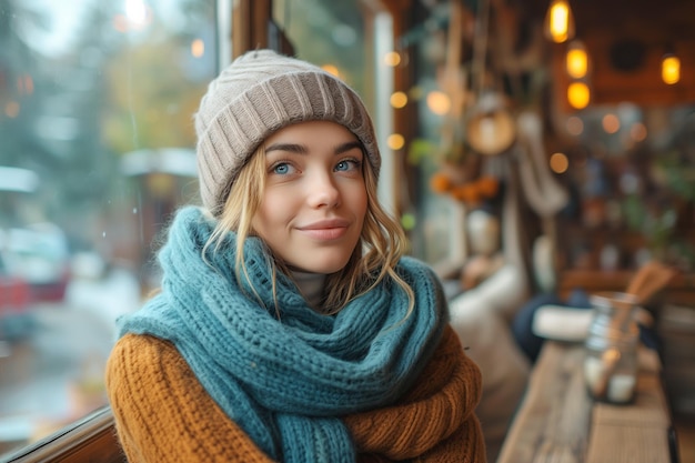 Una giovane donna sorridente sorride in un caffè in un giorno d'inverno