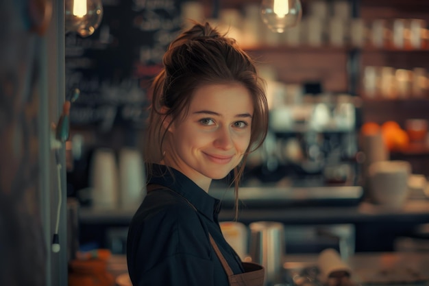 Una giovane donna sorridente un venditore abile che vende con successo in un piccolo negozio boutique