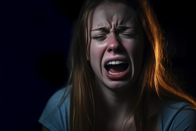 Una giovane donna sta piangendo in una stanza buia.