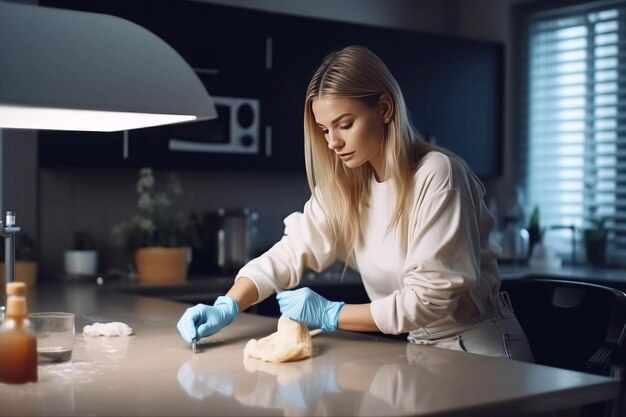 Una giovane donna sta pulendo la cucina a casa mettendo le cose in ordine